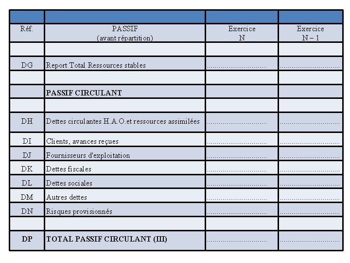 Réf. DG PASSIF (avant répartition) Report Total Ressources stables Exercice N – 1 .