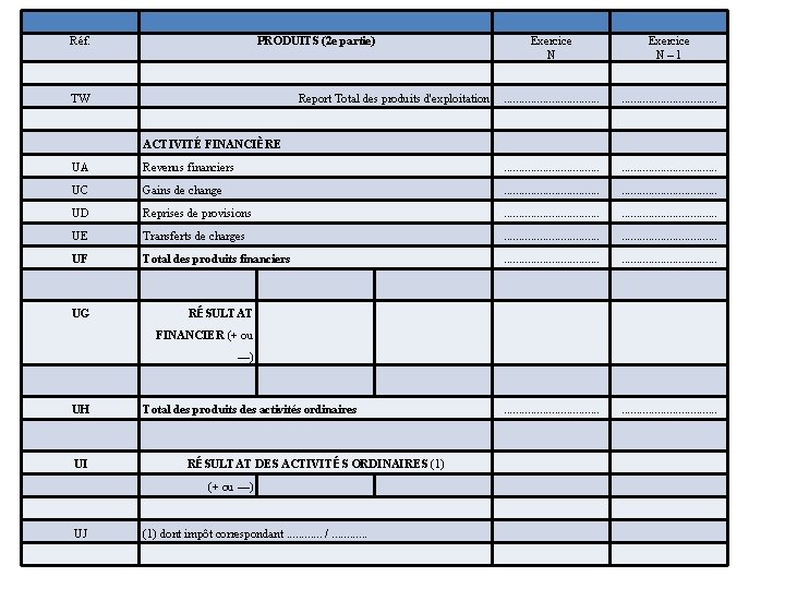 Réf. PRODUITS (2 e partie) TW Report Total des produits d'exploitation Exercice N –