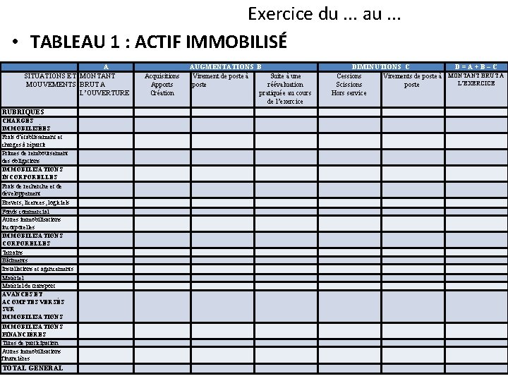  Exercice du. . . au. . . • TABLEAU 1 : ACTIF IMMOBILISÉ