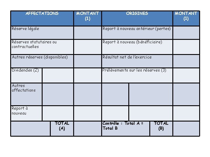 AFFECTATIONS MONTANT (1) ORIGINES MONTANT (1) Réserve légale Report à nouveau antérieur (pertes) Réserves