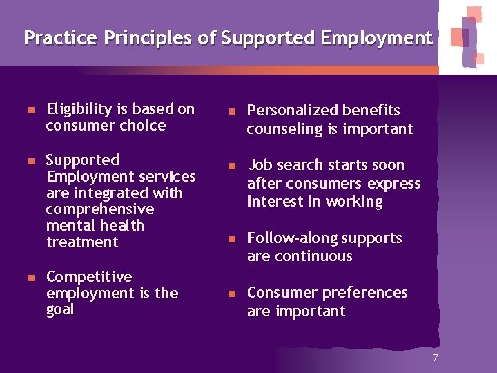 Practice Principles of Supported Employment n Eligibility is based on consumer choice n Supported