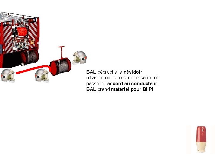 BAL décroche le dévidoir (division enlevée si nécessaire) et passe le raccord au conducteur.