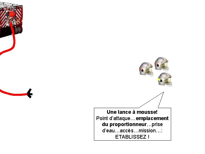 Une lance à mousse! Point d’attaque…emplacement du proportionneur…prise d’eau…accès…mission…: ETABLISSEZ ! 