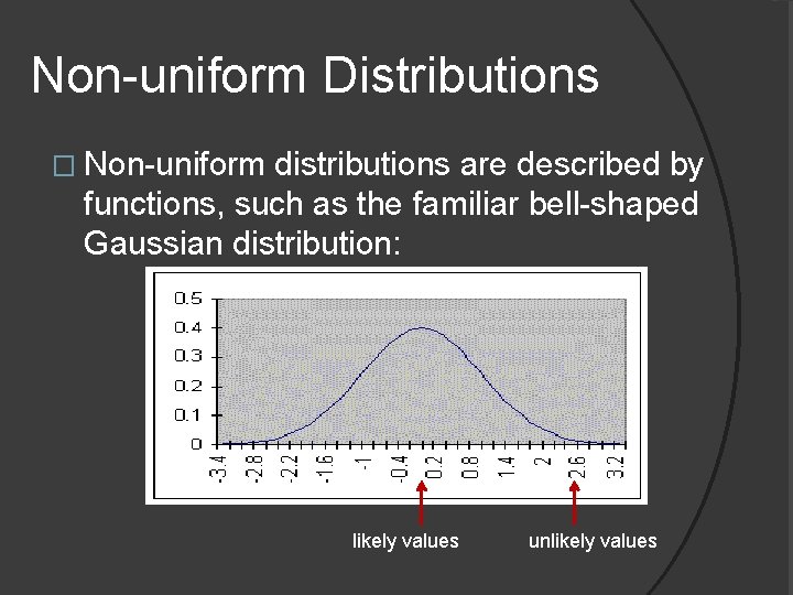 Non-uniform Distributions � Non-uniform distributions are described by functions, such as the familiar bell-shaped