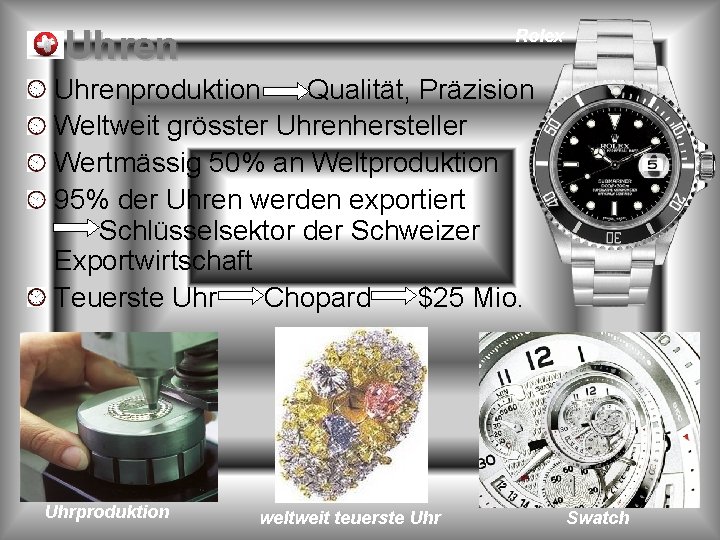 Uhren Rolex Uhrenproduktion Qualität, Präzision Weltweit grösster Uhrenhersteller Wertmässig 50% an Weltproduktion 95% der