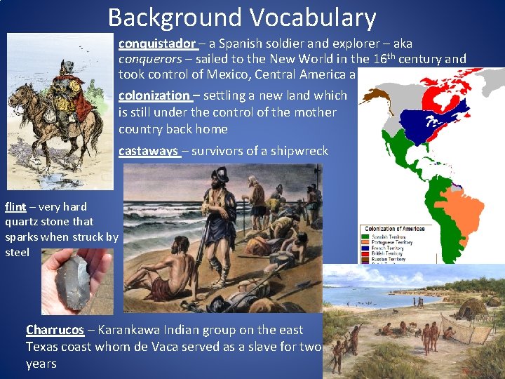 Background Vocabulary conquistador – a Spanish soldier and explorer – aka conquerors – sailed