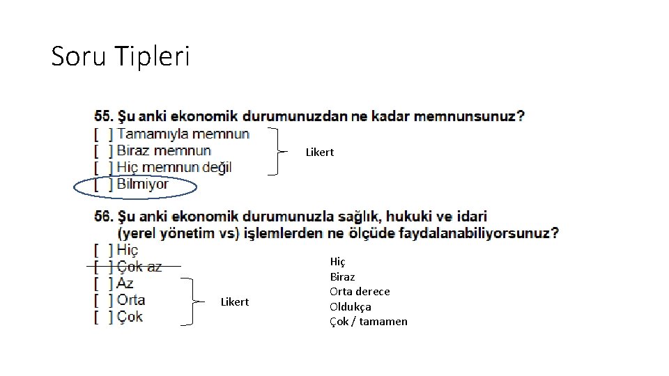 Soru Tipleri Likert Hiç Biraz Orta derece Oldukça Çok / tamamen 