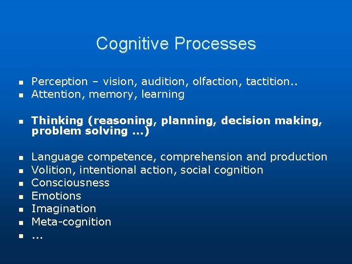 Cognitive Processes Perception – vision, audition, olfaction, tactition. . Attention, memory, learning Thinking (reasoning, Cognitive Processes Perception – vision, audition, olfaction, tactition. . Attention, memory, learning Thinking (reasoning,
