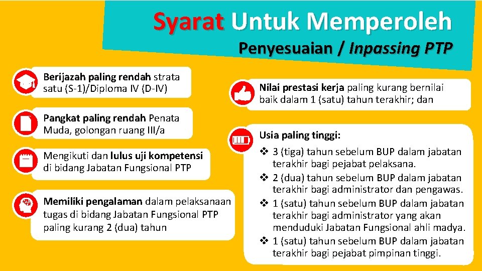 Syarat Untuk Memperoleh Penyesuaian / Inpassing PTP Berijazah paling rendah strata satu (S-1)/Diploma IV