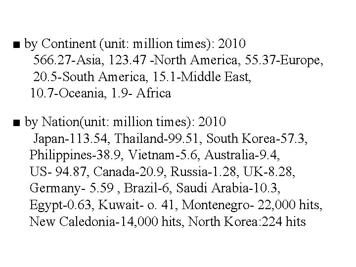 ■ by Continent (unit: million times): 2010 566. 27 -Asia, 123. 47 -North America,