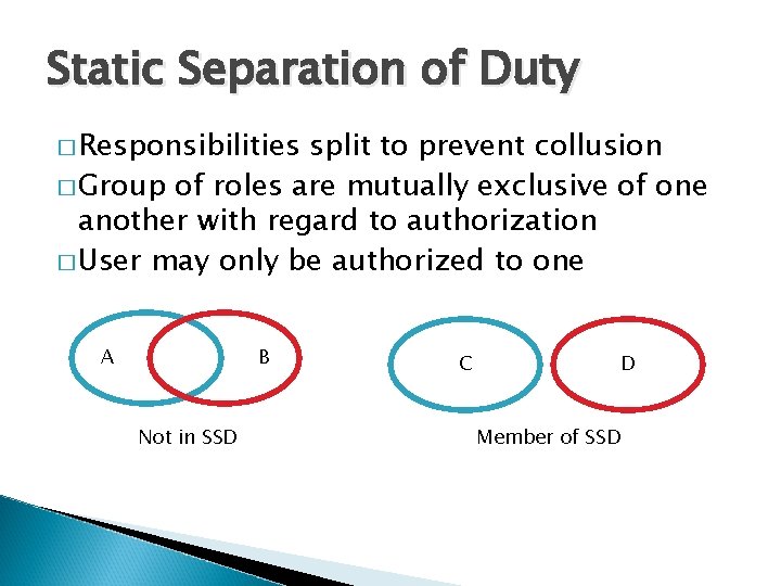 Static Separation of Duty � Responsibilities split to prevent collusion � Group of roles