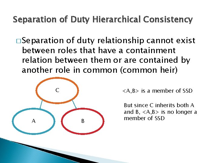 Separation of Duty Hierarchical Consistency � Separation of duty relationship cannot exist between roles