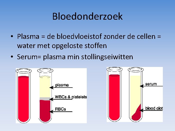 Bloedonderzoek • Plasma = de bloedvloeistof zonder de cellen = water met opgeloste stoffen