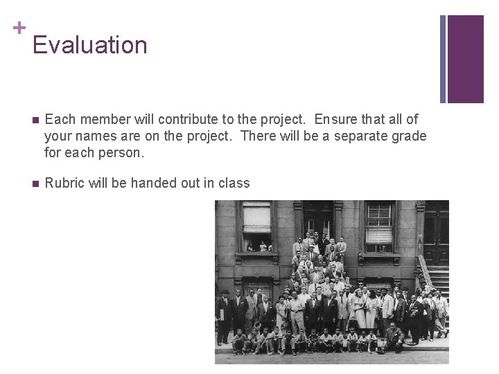 + Evaluation n Each member will contribute to the project. Ensure that all of