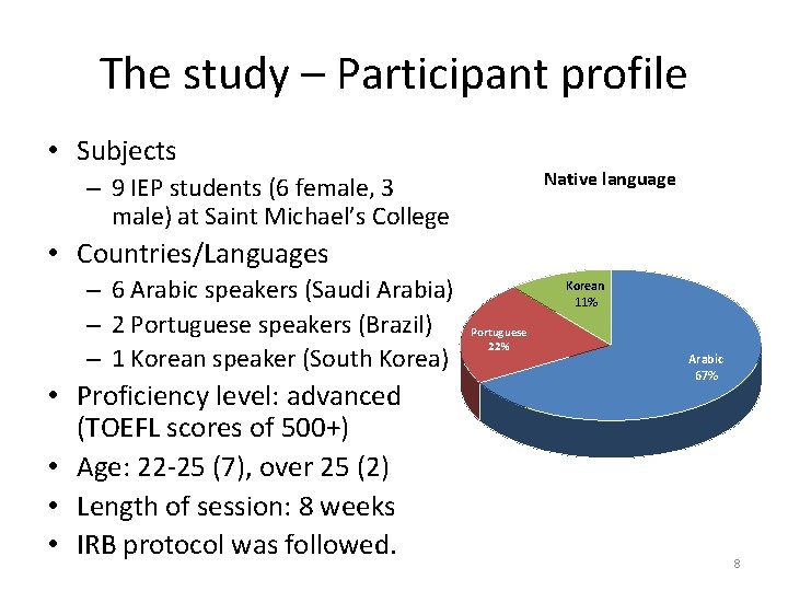The study – Participant profile • Subjects Native language – 9 IEP students (6