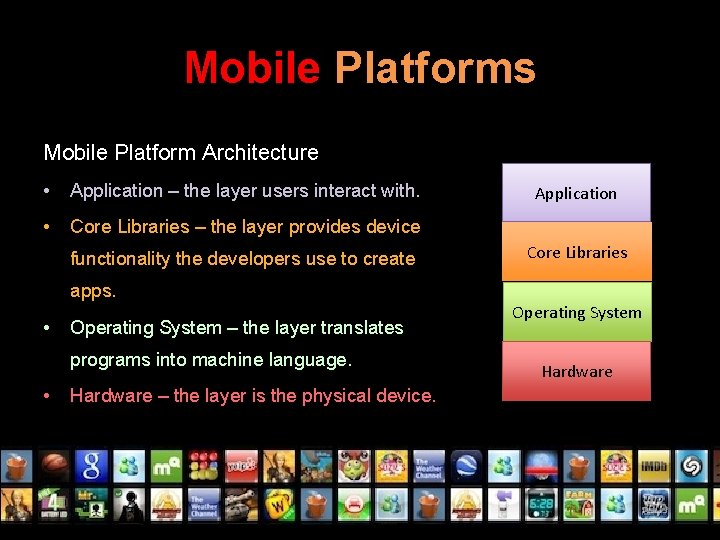 Mobile Platforms Mobile Platform Architecture • Application – the layer users interact with. •