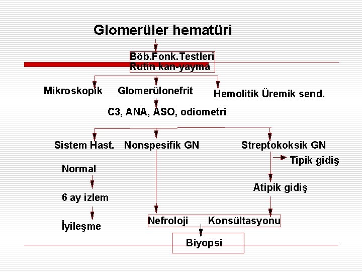 Glomerüler hematüri Böb. Fonk. Testleri Rutin kan-yayma Mikroskopik Glomerülonefrit Hemolitik Üremik send. C 3,