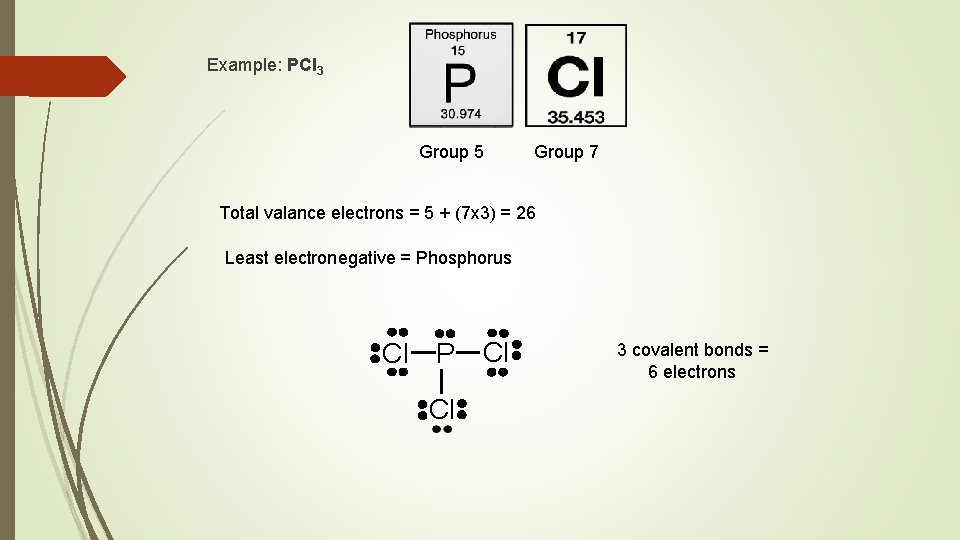 Example: PCl 3 Group 5 Group 7 Total valance electrons = 5 + (7