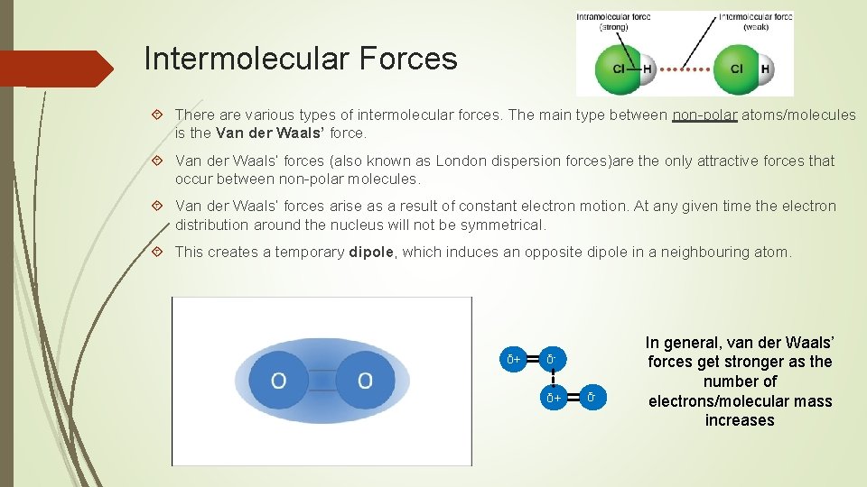 Intermolecular Forces There are various types of intermolecular forces. The main type between non-polar