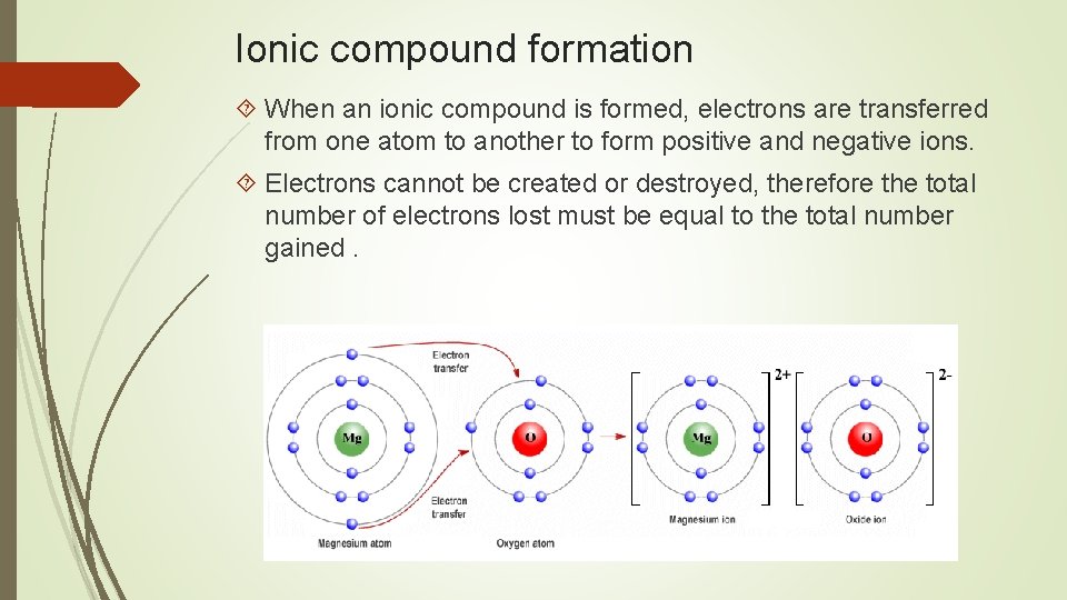 Ionic compound formation When an ionic compound is formed, electrons are transferred from one