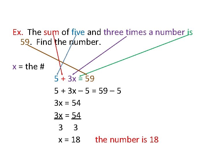 Ex. The sum of five and three times a number is 59. Find the