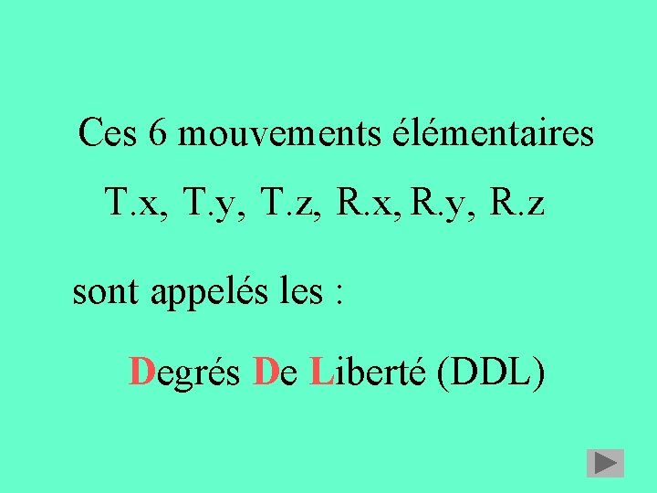 Ces 6 mouvements élémentaires T. x, T. y, T. z, R. x, R. y, Ces 6 mouvements élémentaires T. x, T. y, T. z, R. x, R. y,