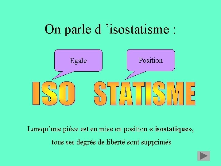 On parle d ’isostatisme : Egale Position Lorsqu’une pièce est en mise en position On parle d ’isostatisme : Egale Position Lorsqu’une pièce est en mise en position