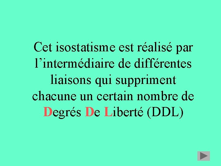 Cet isostatisme est réalisé par l’intermédiaire de différentes liaisons qui suppriment chacune un certain Cet isostatisme est réalisé par l’intermédiaire de différentes liaisons qui suppriment chacune un certain