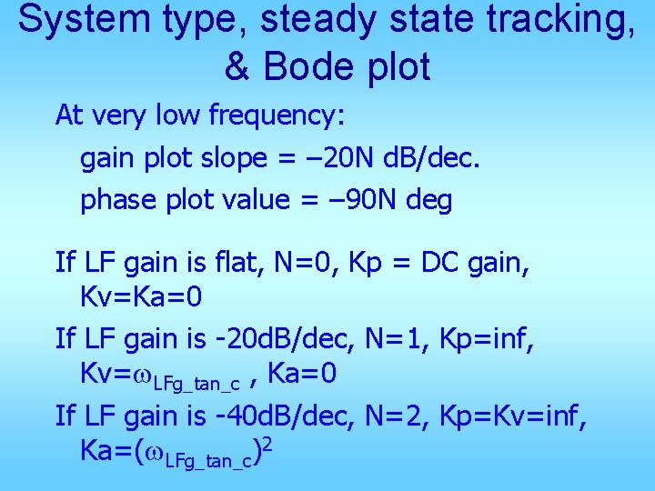 System type, steady state tracking, & Bode plot At very low frequency: gain plot System type, steady state tracking, & Bode plot At very low frequency: gain plot