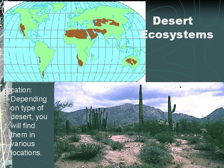 Desert Ecosystems Location: Depending on type of desert, you will find them in various