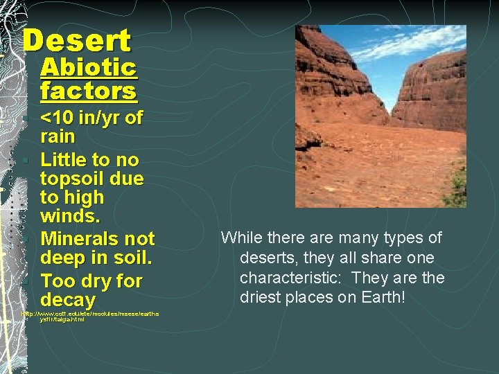 Desert Abiotic factors § § <10 in/yr of rain Little to no topsoil due