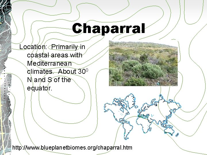 Chaparral Location: Primarily in coastal areas with Mediterranean climates. About 300 N and S