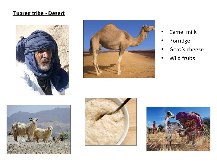 Tuareg tribe - Desert • • Camel milk Porridge Goat’s cheese Wild fruits 