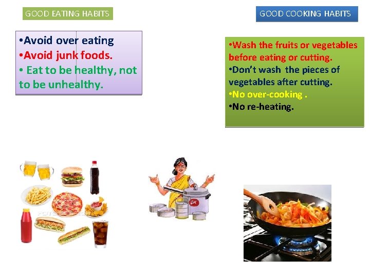 GOOD EATING HABITS • Avoid over eating • Avoid junk foods. • Eat to