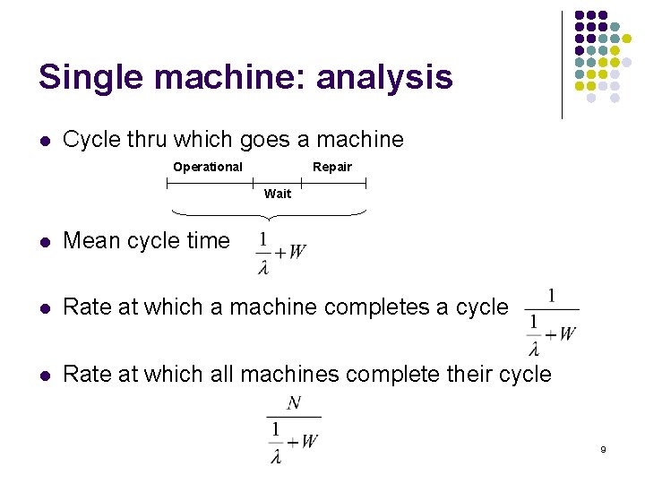Single machine: analysis l Cycle thru which goes a machine Operational Repair Wait l