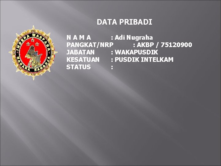 DATA PRIBADI NAMA : Adi Nugraha PANGKAT/NRP : AKBP / 75120900 JABATAN : WAKAPUSDIK
