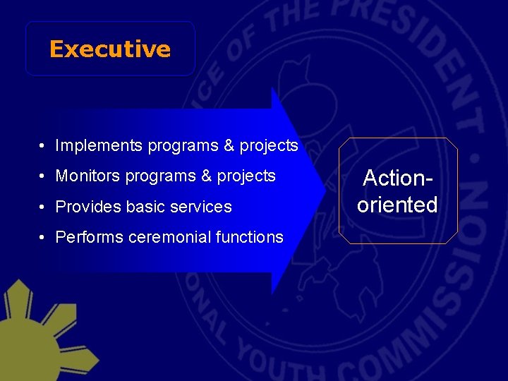 Executive • Implements programs & projects • Monitors programs & projects • Provides basic