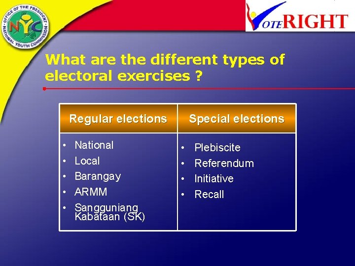 What are the different types of electoral exercises ? Regular elections • • •