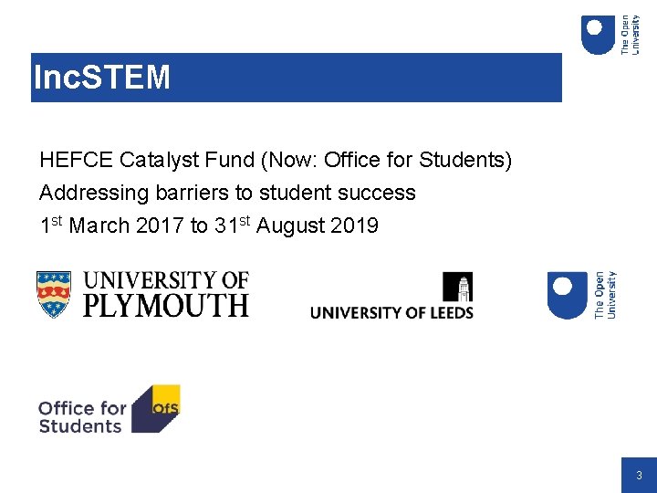 Inc. STEM HEFCE Catalyst Fund (Now: Office for Students) Addressing barriers to student success