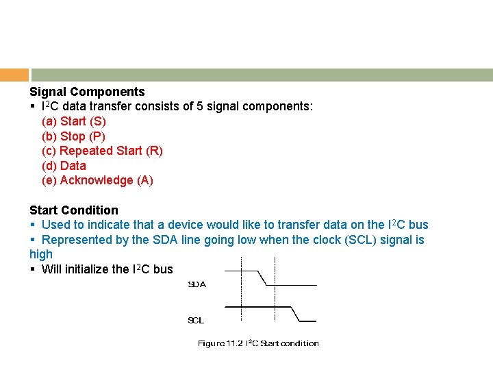 Signal Components § I 2 C data transfer consists of 5 signal components: (a)