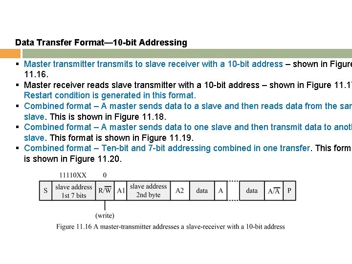 Data Transfer Format— 10 -bit Addressing § Master transmits to slave receiver with a
