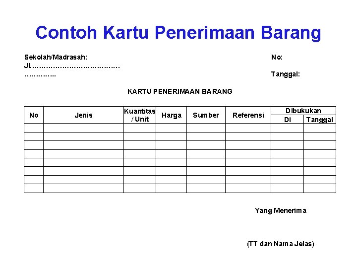 Contoh Kartu Penerimaan Barang Sekolah/Madrasah: Jl…………………. . No: Tanggal: KARTU PENERIMAAN BARANG No Jenis