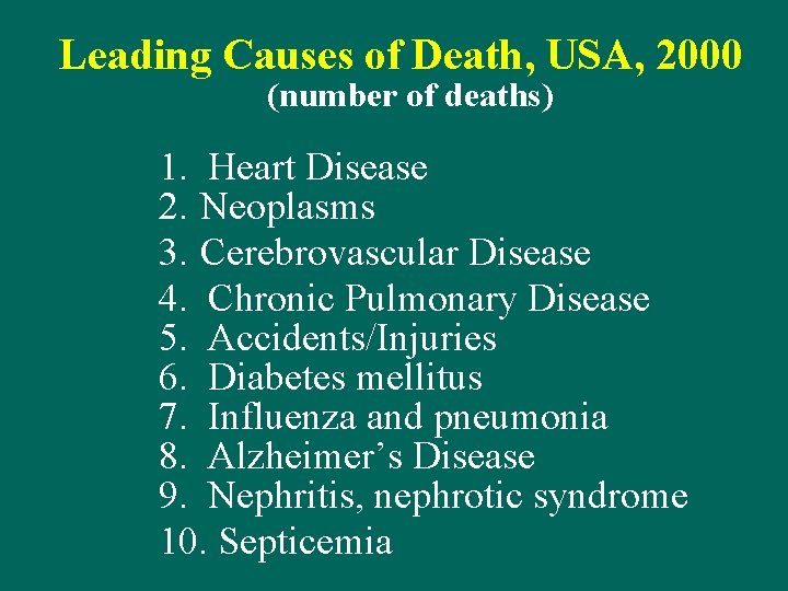 Leading Causes of Death, USA, 2000 (number of deaths) 1. Heart Disease 2. Neoplasms