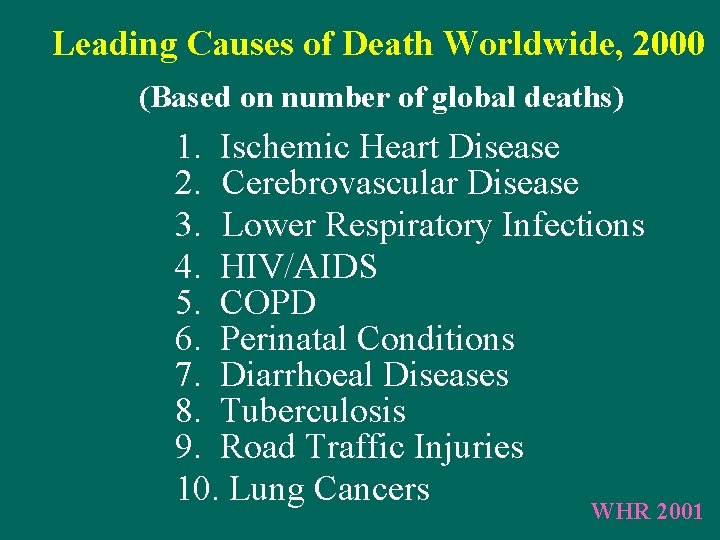 Leading Causes of Death Worldwide, 2000 (Based on number of global deaths) 1. Ischemic