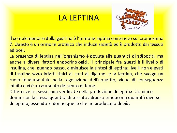 LA LEPTINA Il complementare della gastrina è l’ormone leptina contenuto sul cromosoma 7. Questo