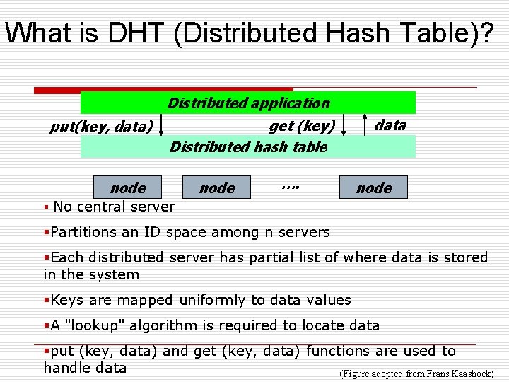 What is DHT (Distributed Hash Table)? Distributed application put(key, data) get (key) Distributed hash What is DHT (Distributed Hash Table)? Distributed application put(key, data) get (key) Distributed hash