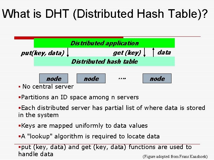 What is DHT (Distributed Hash Table)? Distributed application put(key, data) get (key) Distributed hash