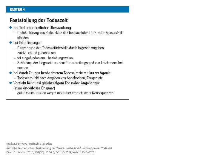 Madea, Burkhard; Rothschild, Markus Ärztliche Leichenschau: Feststellung der Todesursache und Qualifikation der Todesart Dtsch