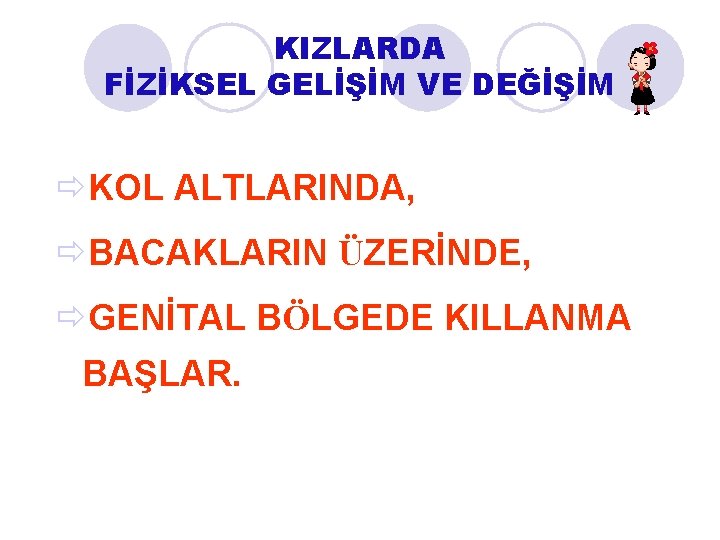 KIZLARDA FİZİKSEL GELİŞİM VE DEĞİŞİM ðKOL ALTLARINDA, ðBACAKLARIN ÜZERİNDE, ðGENİTAL BÖLGEDE KILLANMA BAŞLAR. 