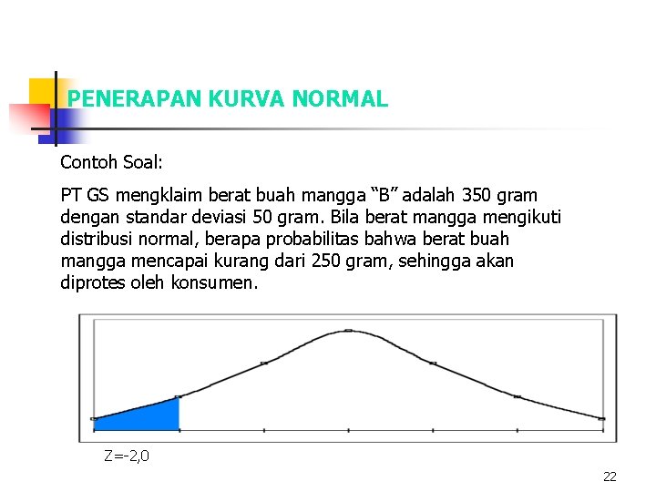 PENERAPAN KURVA NORMAL Contoh Soal: PT GS mengklaim berat buah mangga “B” adalah 350